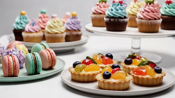 Pastel cupcakes, macarons, and fruit tartlets
