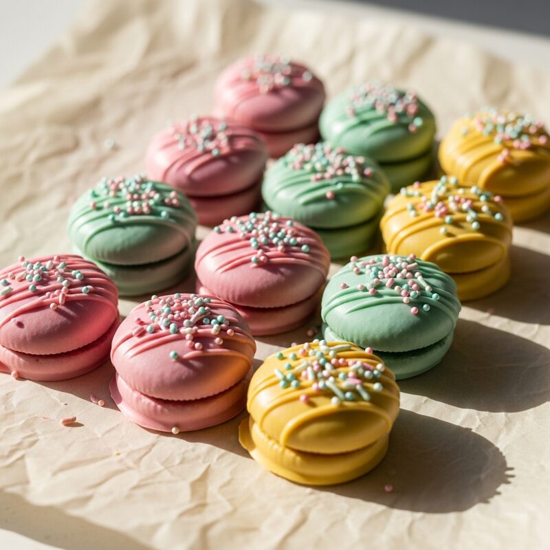 Dipped Oreos in pink, mint, and butter-yellow with sprinkles