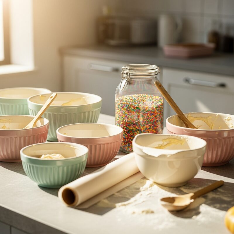 Bakery kitchen counter with mixing bowls, sprinkles, and a wooden spoon