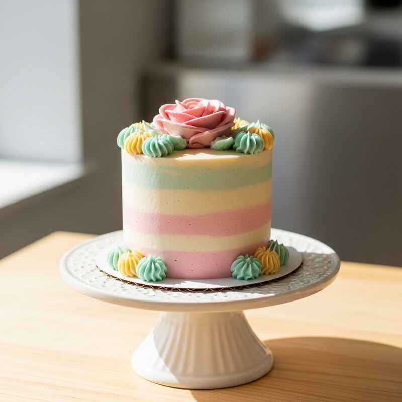 Mini layer cake with pastel buttercream and a rose topper