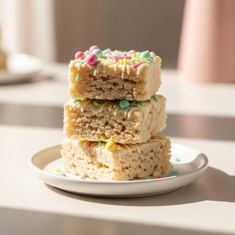 Rice krispy treats with white drizzle and pastel sprinkles